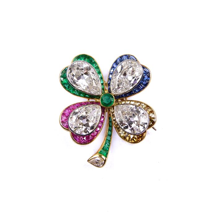 Diamond and coloured gem set four leaf clover brooch, | MasterArt